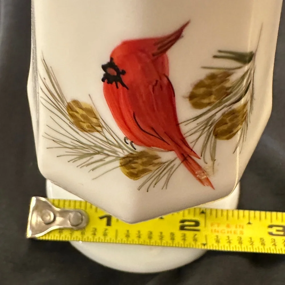 Hand painted Vintage Fenton milk glass swung vase red Cardinal & pinecones Xmas